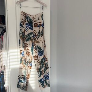 Dress Forum Cream Wide-Leg Pants with Blue, Green & Brown Leaf Print